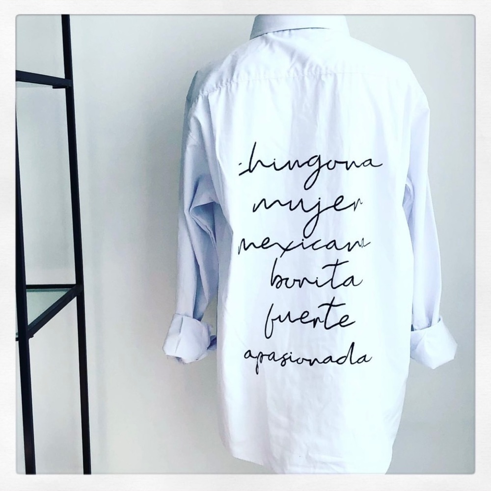 Button Down Shirt White Long Sleeve Chingona Mujer Mexicana Hand Painted Small